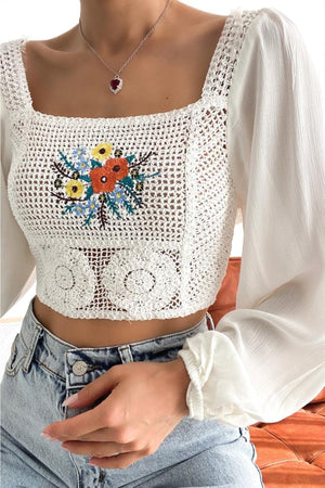 Kadın Kare Yaka Balon Kol Çiçek Nakış Işlemeli Dantel Crop Bluz - Beyaz