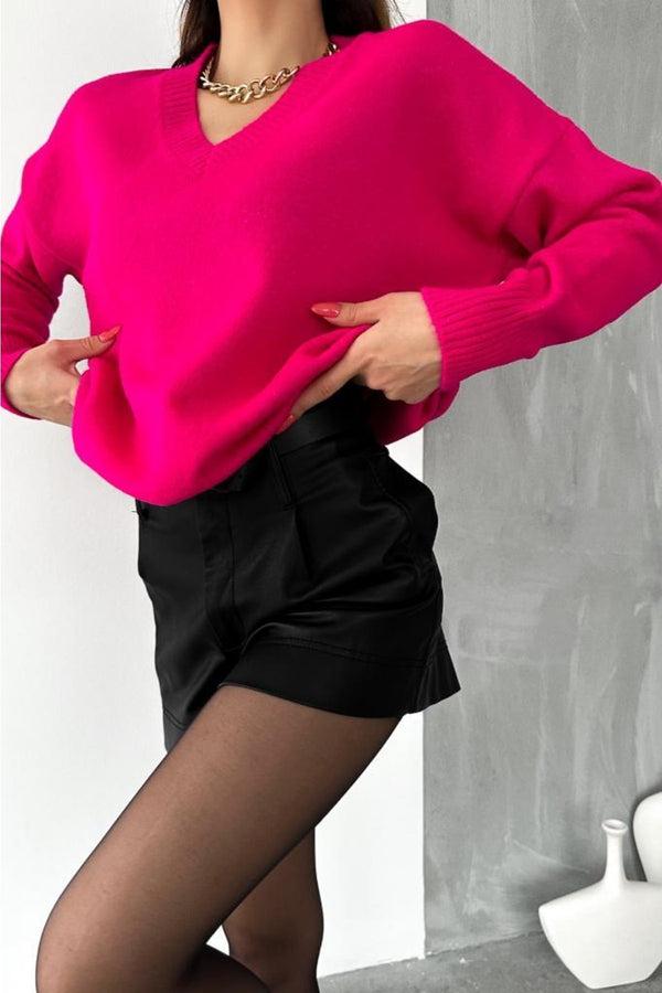 Kadın V Yaka Standart Beden Oversize Basic Triko Kazak - Fuşya