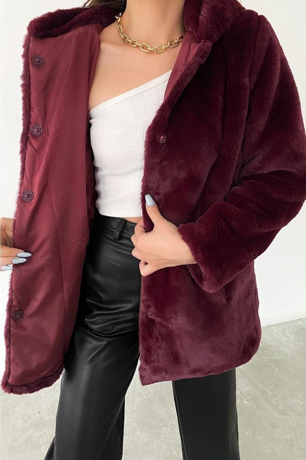 Kadın Astarlı Peluş Kapüşonlu Kürk Kaban Mont Kürk - Bordo
