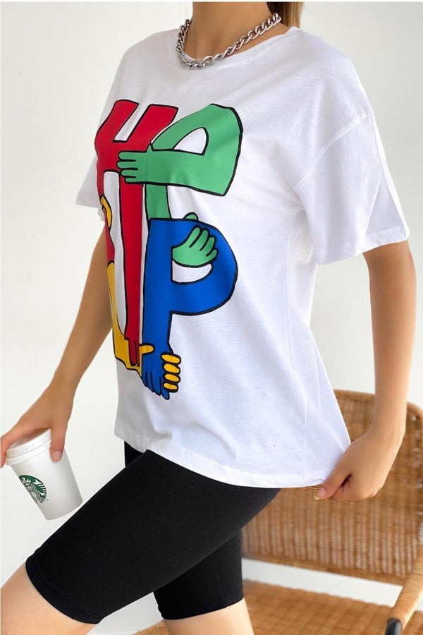 Kadın Bisiklet Yaka Help Baskılı Pamuk T-shirt - Beyaz