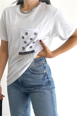 Kadın Bisiklet Yaka Püsküllü Taş Işlemeli Pamuk T-shirt - Beyaz