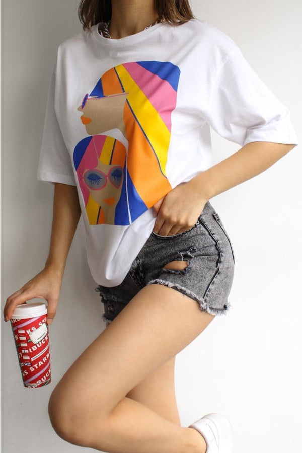 Kadın Baskılı Pamuklu Yeni Sezon T-shirt - Karışık