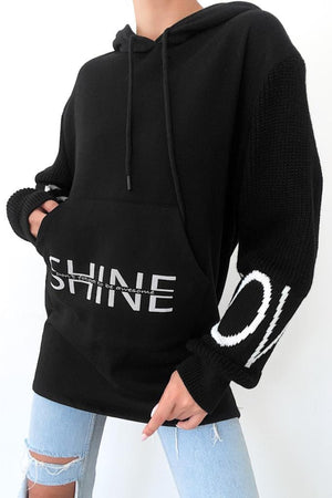 Beyaz Shine Yazılı Kollar Örme Triko Detaylı Kanguru Cepli Kapüşonlu Kadın Sweatshirt Hoodie - Siyah
