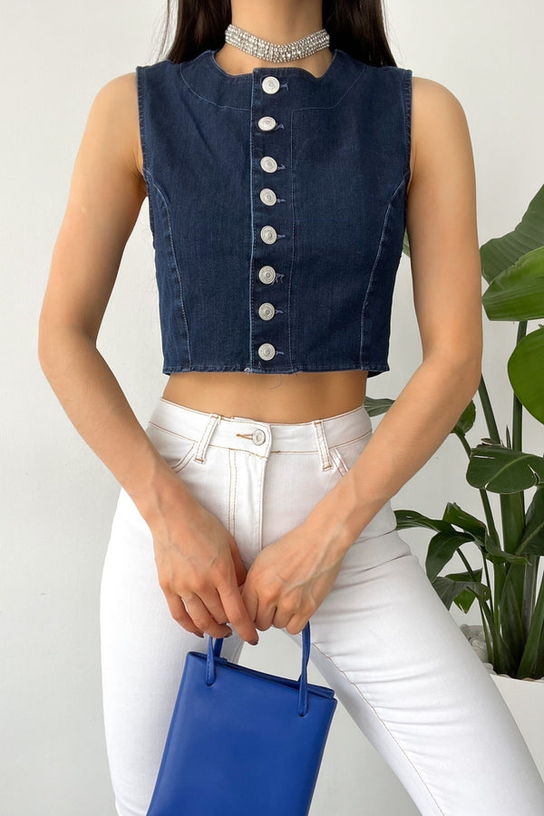 Kadın Denim Düğmeli Crop Kot Kolsuz Bluz - Mavi