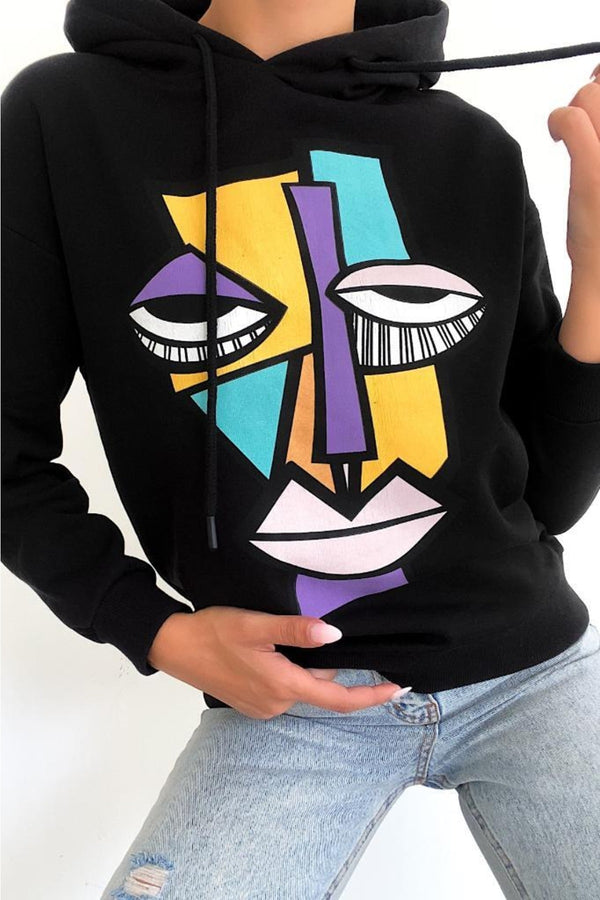 Kadın Yeni Sezon Karakter Baskılı Kapüşonlu Pamuklu Sweatshirt - Siyah