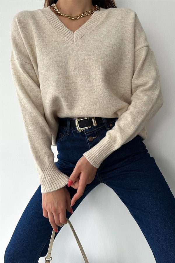 Kadın V Yaka Standart Beden Oversize Basic Triko Kazak - Taş