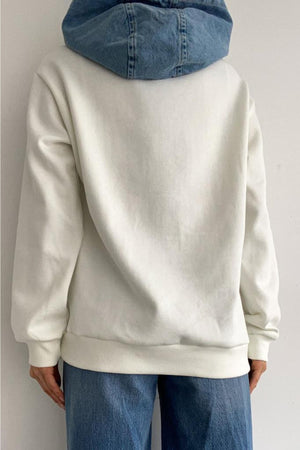 Kadın Yeni Sezon Inci Zımbalı Kot Detaylı Kapüşonlu Oversize Sweatshirt - Ekru