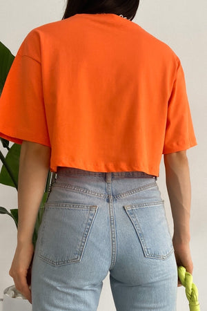 Kadın %100 Pamuk Crop Tişört - Turuncu