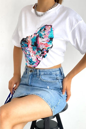 Kadın Bisiklet Yaka Pul Payet Işleme Yeni Sezon Pamuk T-shirt - Beyaz