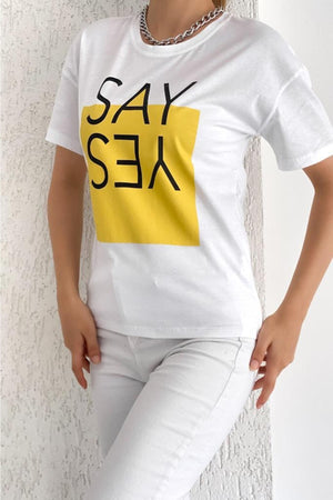 Kadın Bisiklet Yaka Say Yes Baskılı Yeni Sezon Pamuk T-shirt - Beyaz