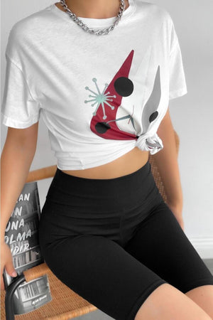Kadın Bisiklet Yaka Baskılı Yeni Sezon T-shirt - Beyaz