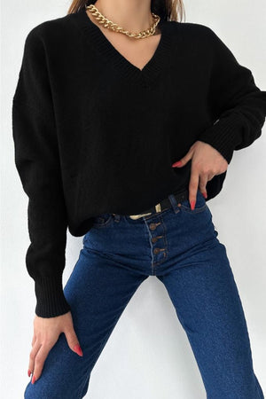 Kadın V Yaka Standart Beden Oversize Basic Triko Kazak - Siyah