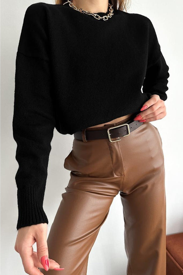 Kadın Standart Beden Oversize Basic Triko Kazak - Siyah