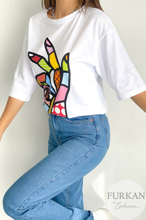 Kadın Bisiklet Yaka Düşük Omuz Oversize T-shirt - Beyaz