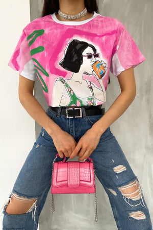 Kadın Yeni Sezon Tasarım Baskılı Pamuk Tişört - Pembe