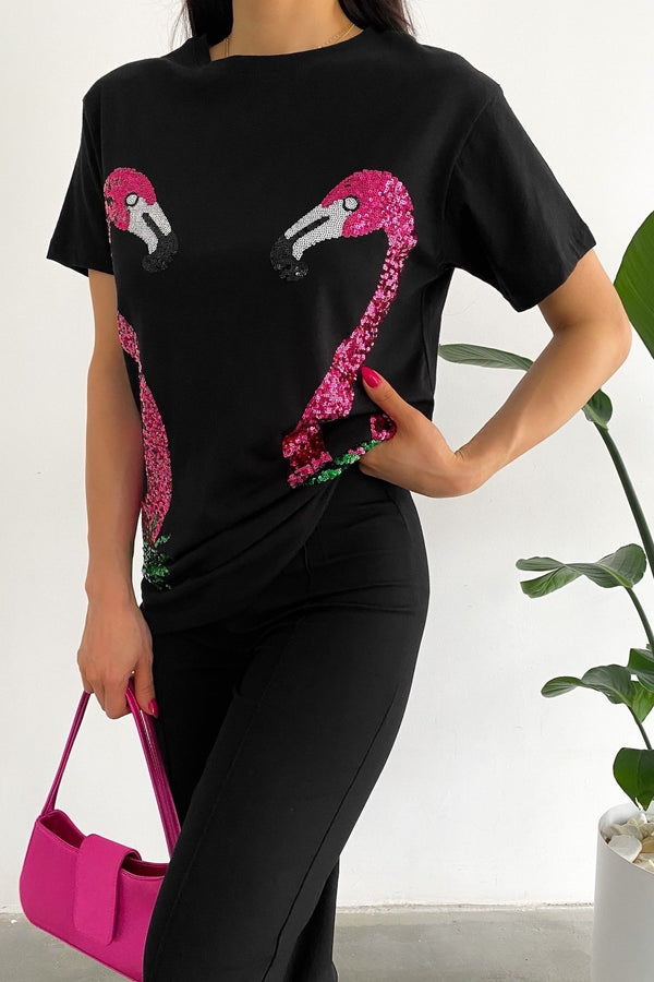 Kadın Yeni Sezon Flamingo Pul Payet Işlemeli Pamuk Tişört - Siyah
