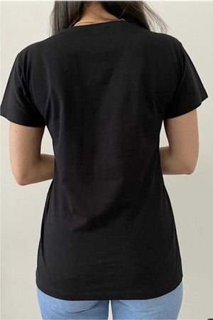 Kadın V Yaka Pullu Ananas T-shirt - Siyah