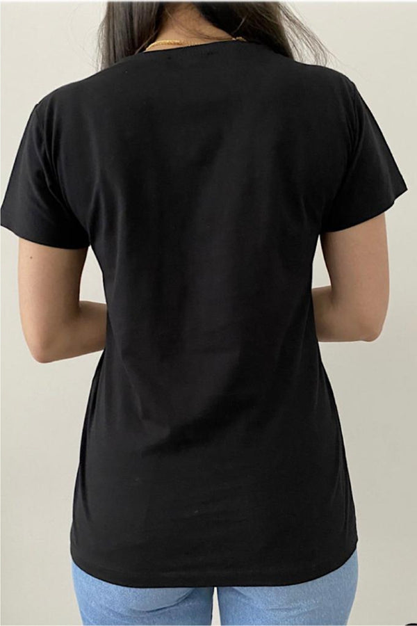 Kadın V Yaka Pullu Ananas T-shirt - Siyah