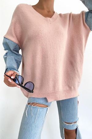 V Yaka Kolu Kot Detaylı Triko Kazak - PUDRA