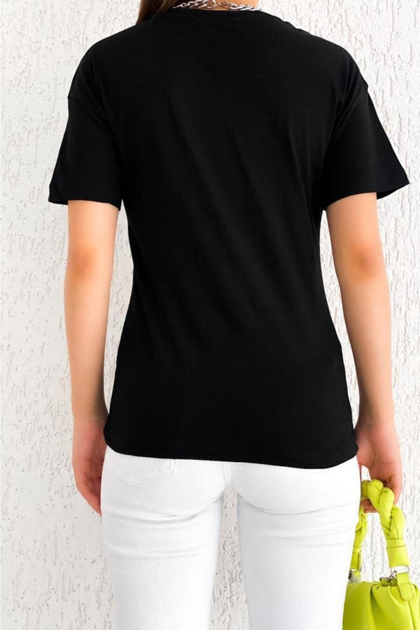 Kadın Bisiklet Yaka Deniz Yıldızı Nakış Işlemeli Yeni Sezon T-shirt - Siyah
