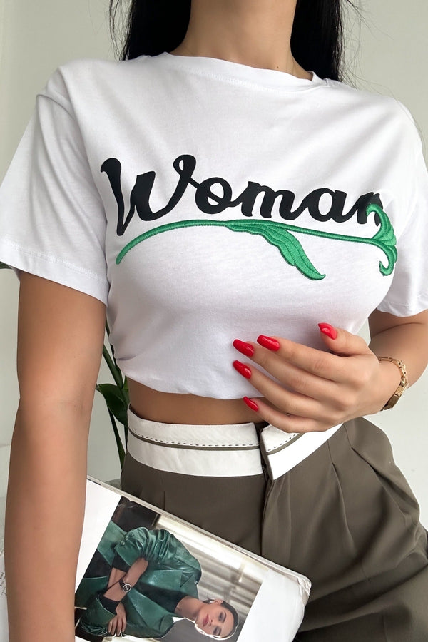 Kadın Nakış Işlemeli Pamuk T-Shirt - Beyaz