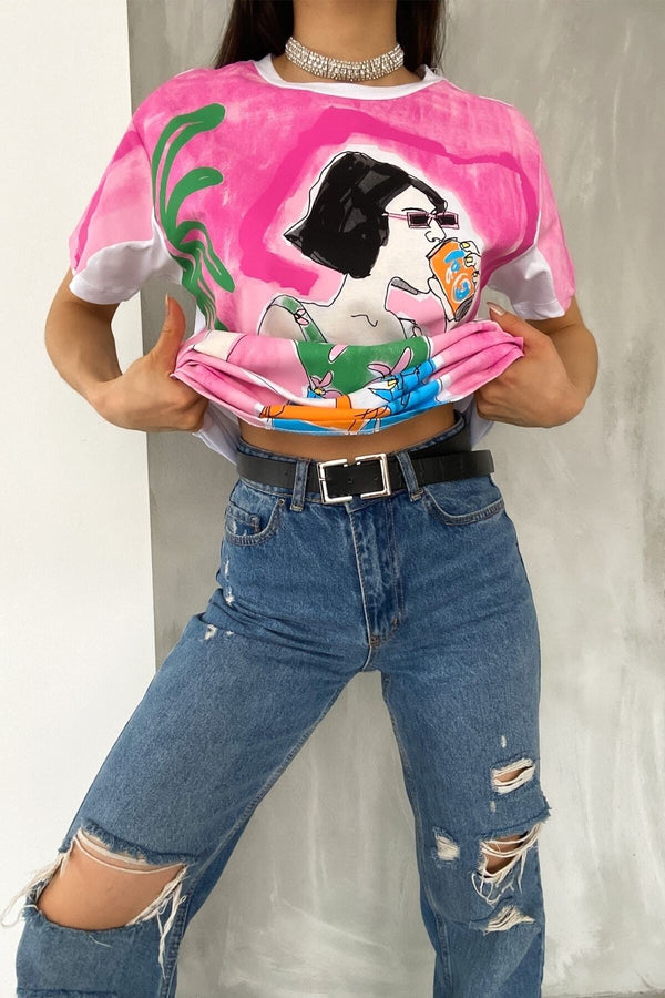Kadın Yeni Sezon Tasarım Baskılı Pamuk Tişört - Pembe