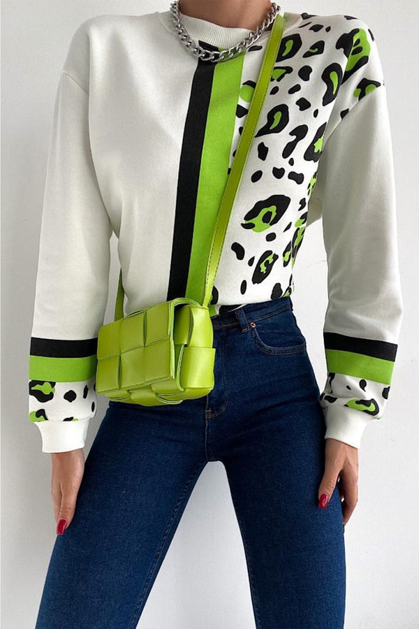 Kadın Leopar Desen Pamuk Sweatshirt - Beyaz