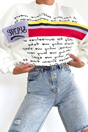 Yeni Sezon Selfie Baskılı Pamuklu Oversize Sweatshirt - Beyaz