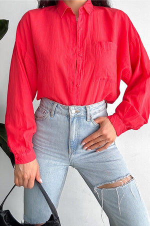 Kadın Düşük Omuz Tek Cep Basic Oversize Geniş Kalıp Gömlek - Nar Çiçeği