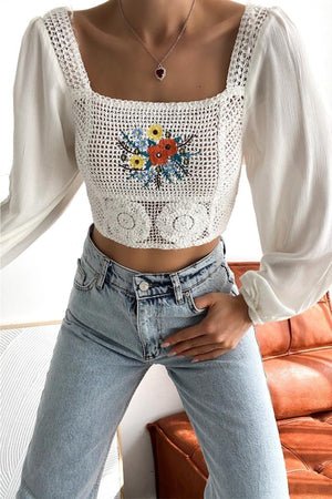 Kadın Kare Yaka Balon Kol Çiçek Nakış Işlemeli Dantel Crop Bluz - Beyaz