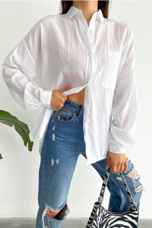 Kadın Düşük Omuz Tek Cep Basic Oversize Geniş Kalıp Gömlek - Beyaz