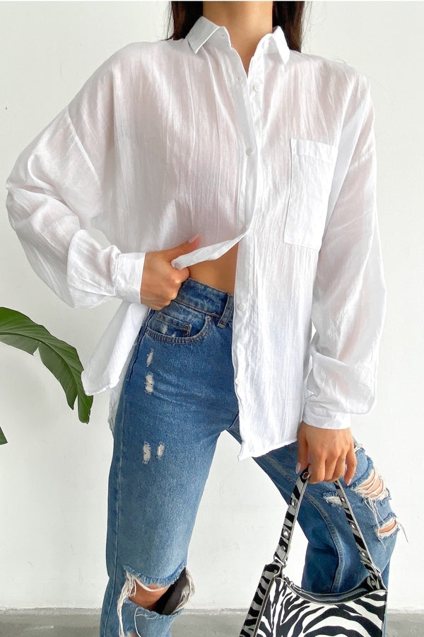 Kadın Düşük Omuz Tek Cep Basic Oversize Geniş Kalıp Gömlek - Beyaz