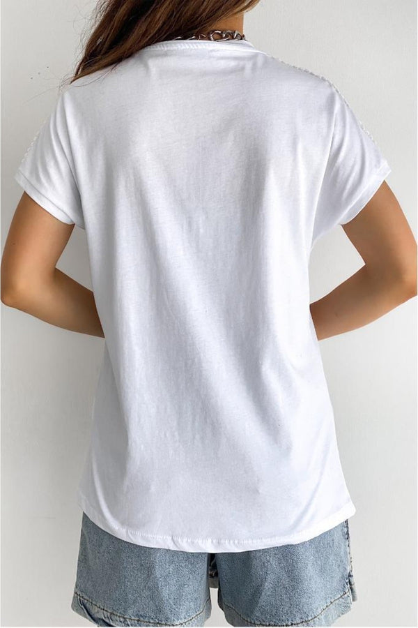 Kadın Bisiklet Yaka Dantel Detaylı %100 Pamuk Tasarım T-shirt - Beyaz