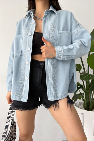 Kadın Buz Yeni Sezon Çift Cepli Standart Beden Nakış Işlemeli Oversize Ceket - Mavi