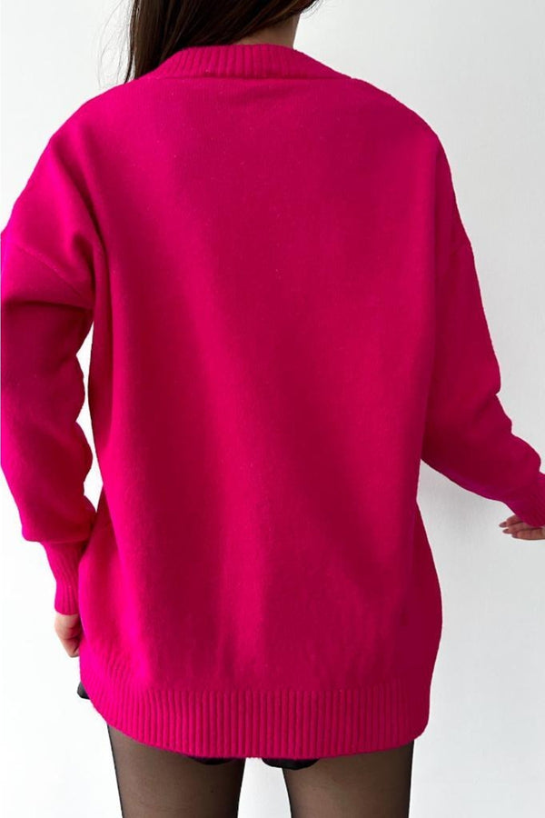 Kadın V Yaka Standart Beden Oversize Basic Triko Kazak - Fuşya