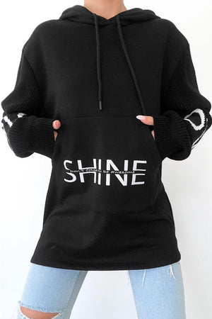 Beyaz Shine Yazılı Kollar Örme Triko Detaylı Kanguru Cepli Kapüşonlu Kadın Sweatshirt Hoodie - Siyah