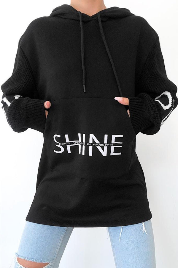 Beyaz Shine Yazılı Kollar Örme Triko Detaylı Kanguru Cepli Kapüşonlu Kadın Sweatshirt Hoodie - Siyah