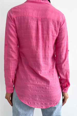 Kadın V Yaka Çift Cepli Katlanır Kol Slim Fit Kalıp Gömlek - Pembe