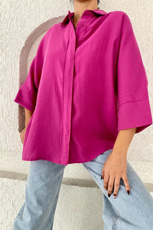 Kadın Gizli Düğmeli Fakir Kol Salaş Oversize Geniş Kalıp %50 Viskon %50 Pamuk Gömlek - Pembe