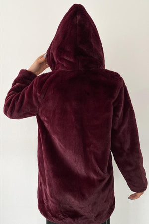 Kadın Astarlı Peluş Kapüşonlu Kürk Kaban Mont Kürk - Bordo