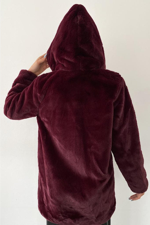 Kadın Astarlı Peluş Kapüşonlu Kürk Kaban Mont Kürk - Bordo