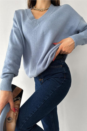 Kadın Bebe Mavi V Yaka Standart Beden Oversize Basic Triko Kazak - Bebe Mavisi
