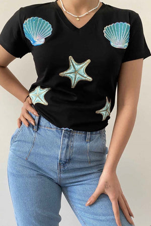 Kadın V Yaka Istiridye Deniz Yıldızı Pul Işlemeli Pamuk T-shirt - Siyah