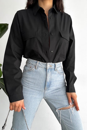 Kadın Yeni Sezon Çift Cepli Oversize Gömlek - Siyah