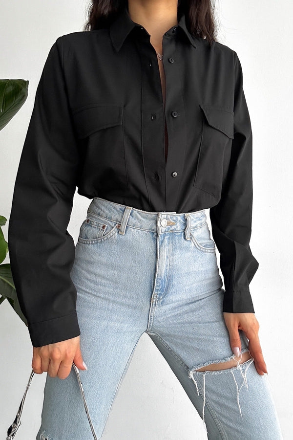 Kadın Yeni Sezon Çift Cepli Oversize Gömlek - Siyah