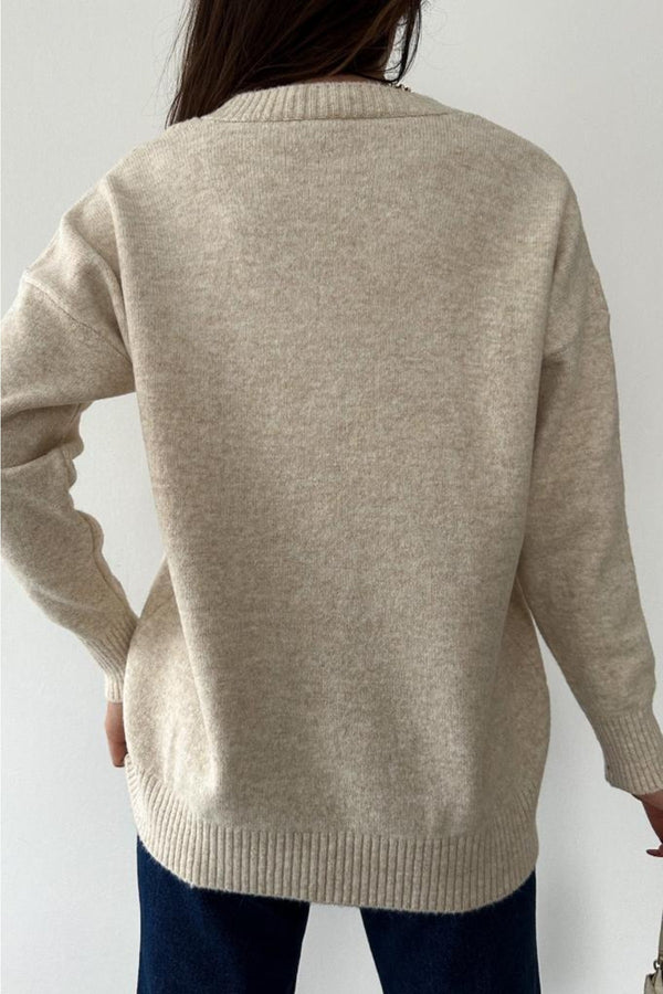 Kadın V Yaka Standart Beden Oversize Basic Triko Kazak - Taş