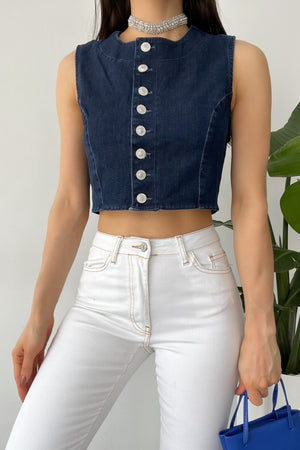 Kadın Denim Düğmeli Crop Kot Kolsuz Bluz - Mavi
