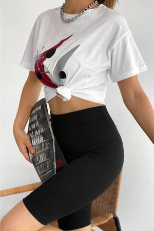 Kadın Bisiklet Yaka Baskılı Yeni Sezon T-shirt - Beyaz