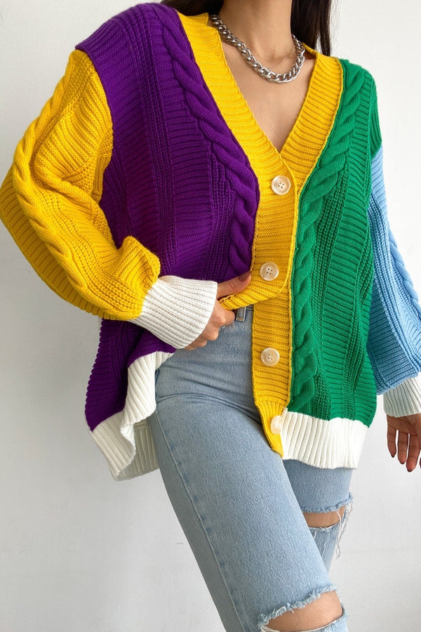 Kadın Çok Renkli Yeni Sezon Salaş Oversize Triko Hırka - MOR