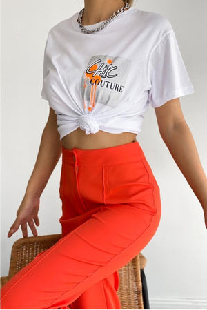 Kadın Bisiklet Yaka Chic Couture Yazılı Pamuk T-shirt - Beyaz